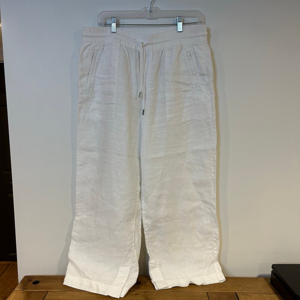 ATHLETA Sz 12 -2 PAIR!- Chambray & White High Rise Retreat Linen Capri Wide Leg - Picture 6 of 16